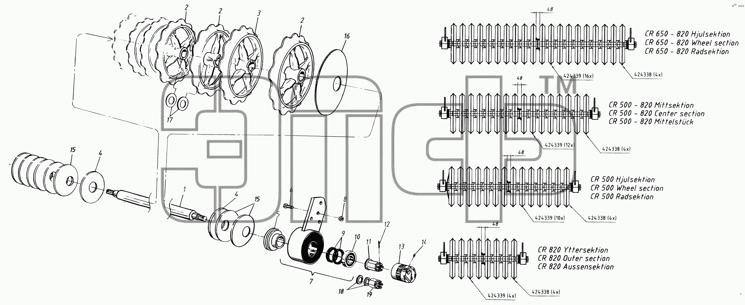Каталог запасных частей к технике: Vaderstad Carrier CR420-820. Roller ring unit, cast iron ring CR 500-820, -4099
